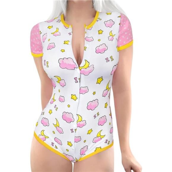 Adult Baby Sleepytime Pink Onesie Moon Star Print Romper